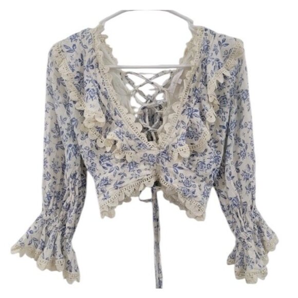 Olivaceous Womens Coquette Top Large Crop Floral Toile Cottagecore Milkmaid - Picture 2 of 8